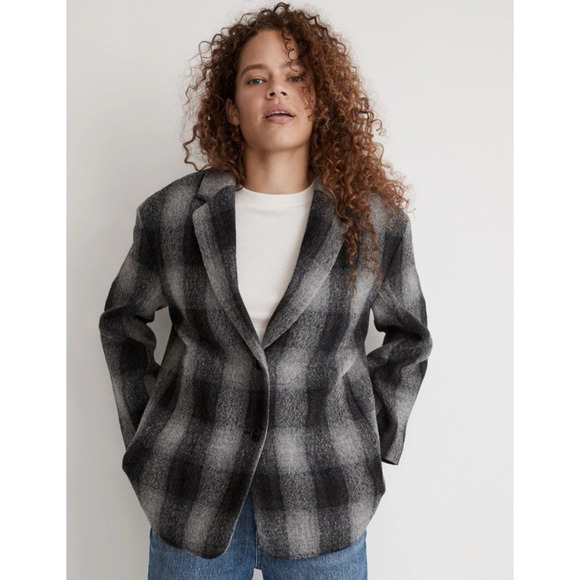 Madewell Jackets & Blazers - Madewell Dorset Blazer Jacket XL Plaid Check Buffalo Black White Wool Oversized